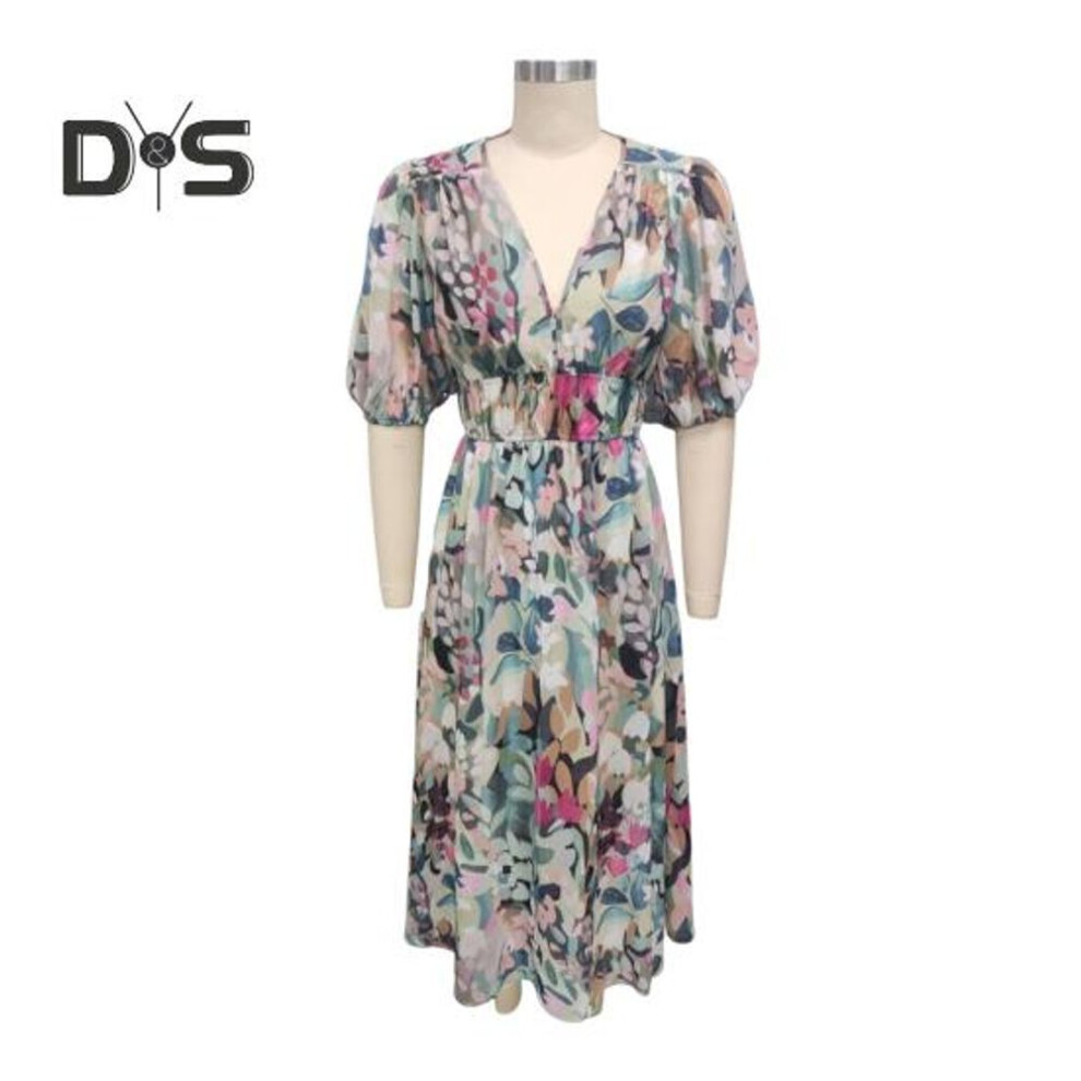 (green, S) Women's Summer V Neck Maxi Dress Casual Boho Floral Long Dresses Short Puff Sleeve Flowy Beach Wedding Guest Dresses