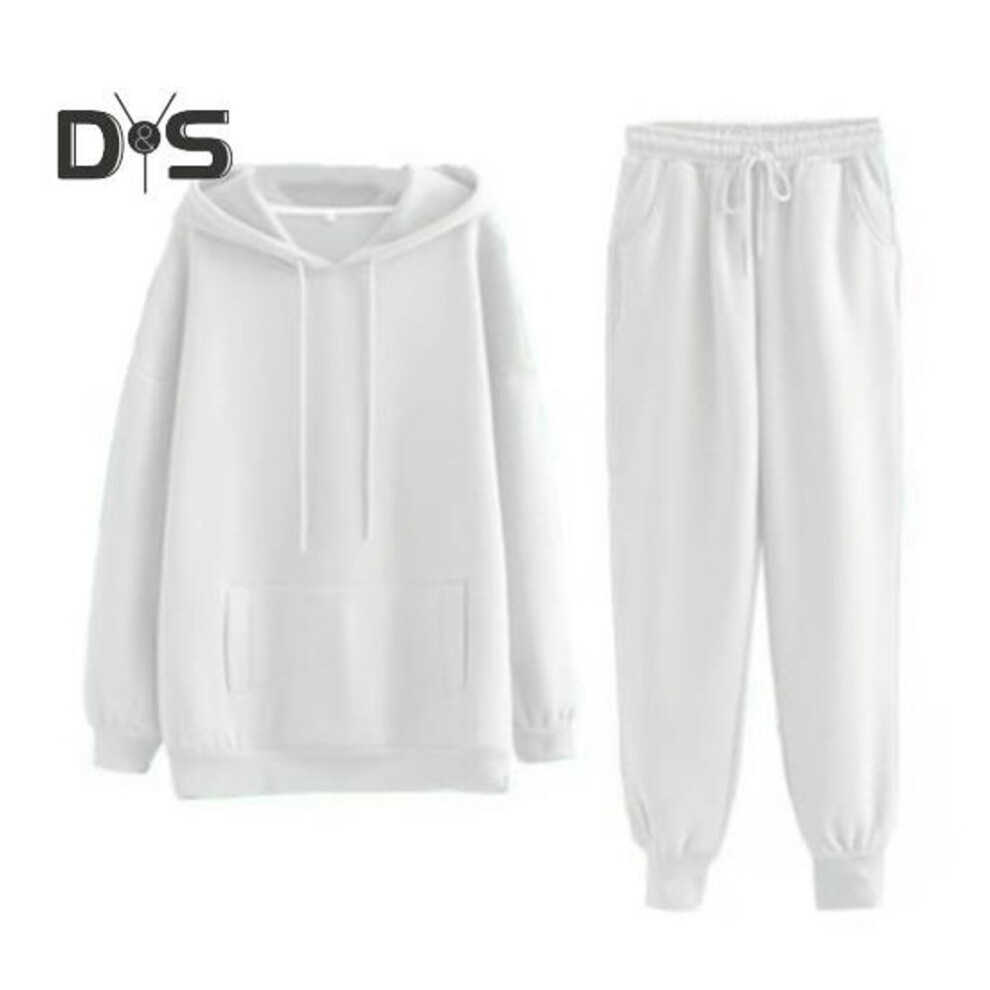 (white, XL) 2 Pcs/set Women Hoodie Pants Set Long Sleeve Hooded Thick Soft Warm Drawstring Elastic Waist Loose Pockets Sports Casual Top Ankle Banded Trousers Set