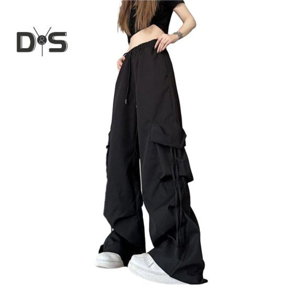 (black, S) Retro Women Elastic High Waist Cargo Pants Drawstring Multi Pockets Straight Wide Leg Casual Long Trousers Streetwear