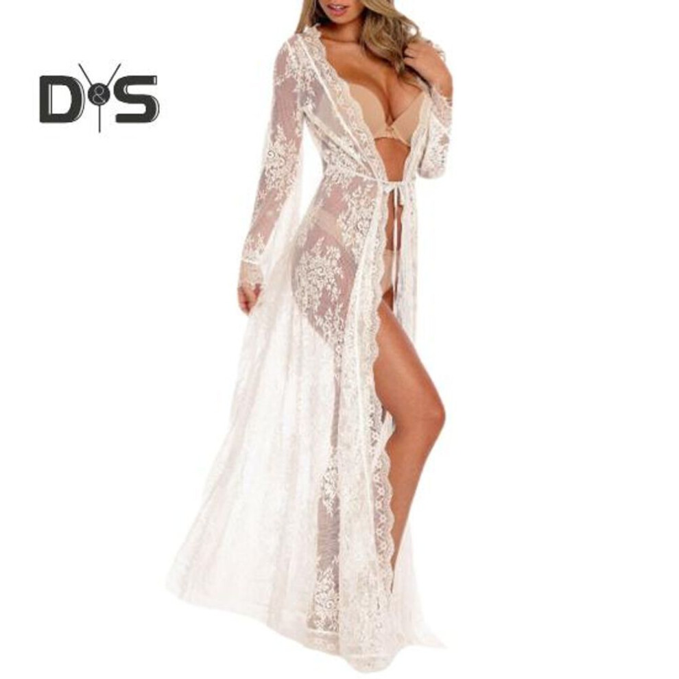 (white) Bikini Cardigan Long Sleeve Lace-up Open Front Lace Dress Sexy Vacation Blouse Beach Pool Hot Spring Cover-Up