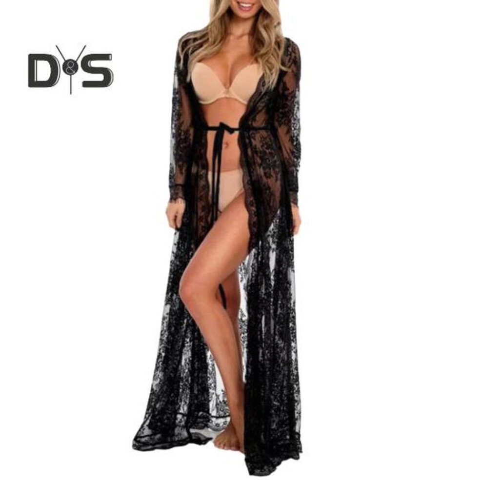(black) Bikini Cardigan Long Sleeve Lace-up Open Front Lace Dress Sexy Vacation Blouse Beach Pool Hot Spring Cover-Up