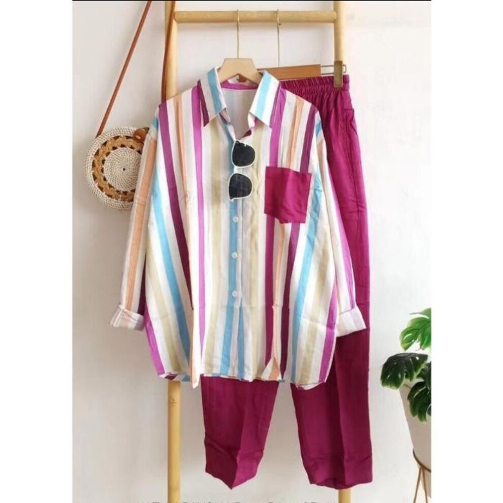 (fuchsia, 4XL) Women's 2024 Summer Striped Two-Piece Suit: Loose, Slim, Comfortable, Casual in Black and Pink