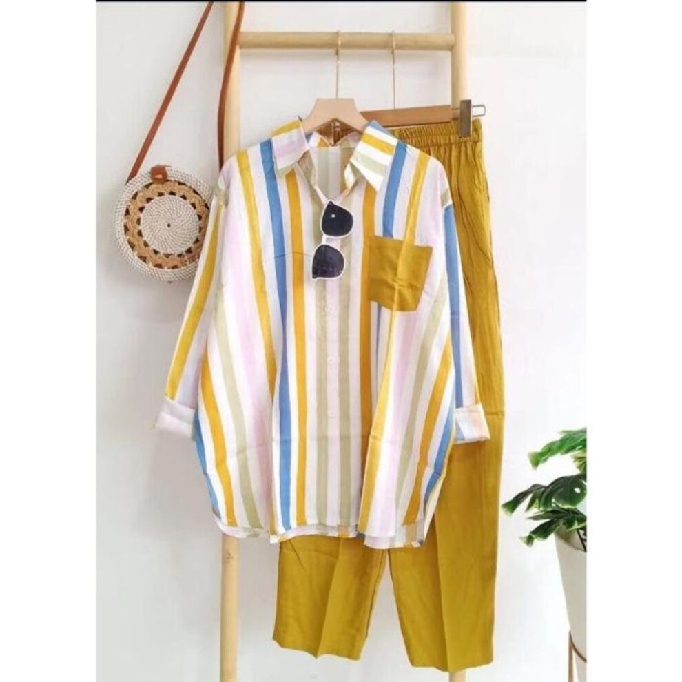 (yellow, 5XL) Women's 2024 Summer Striped Two-Piece Suit: Loose, Slim, Comfortable, Casual in Black and Pink