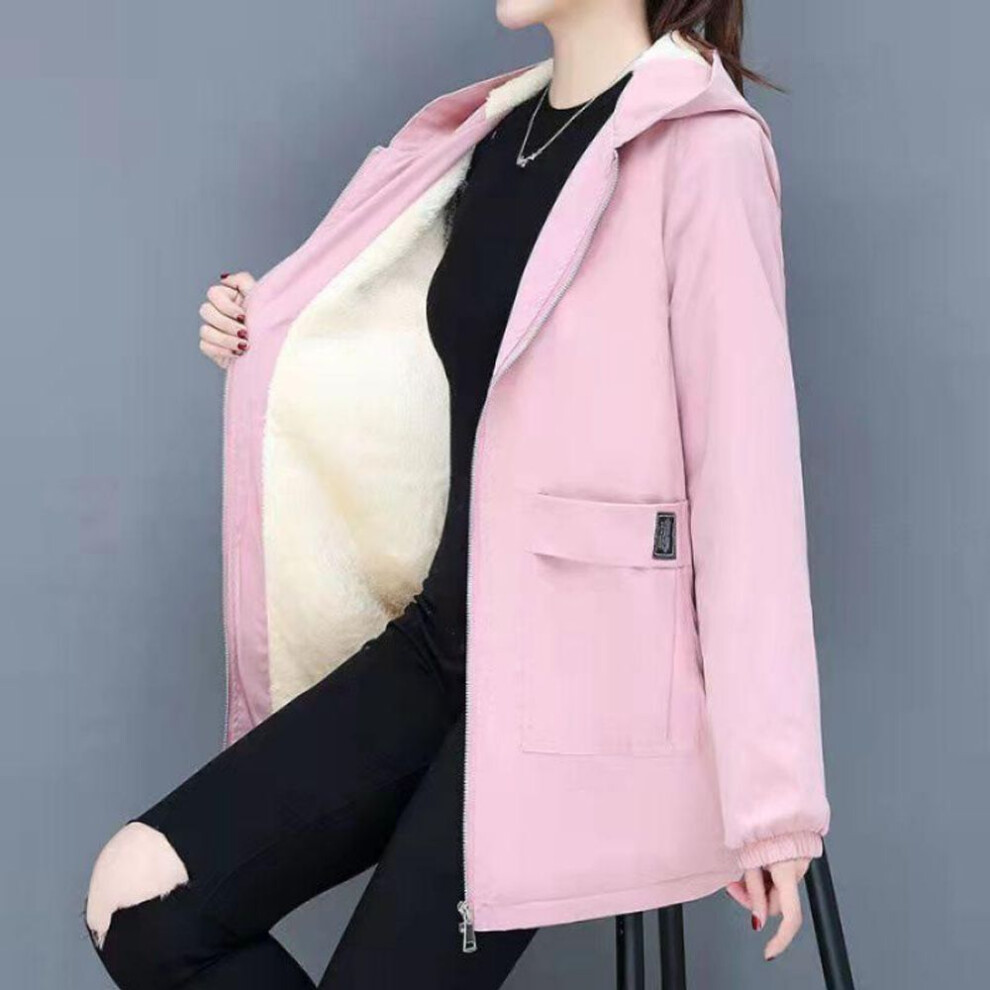 (pink, S) Women's Plus Size Mid-Length Cotton Windbreaker with Velvet Lining - Autumn/Winter Fashionable Thick Coat (300 Jin)