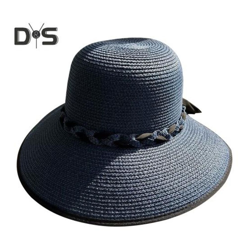 (navy blue) Summer Sun Hat Wide Brim Braided Rope Decor Beach Hat UV Protection Adjustable Size Sweat Straps Women Straw Hat