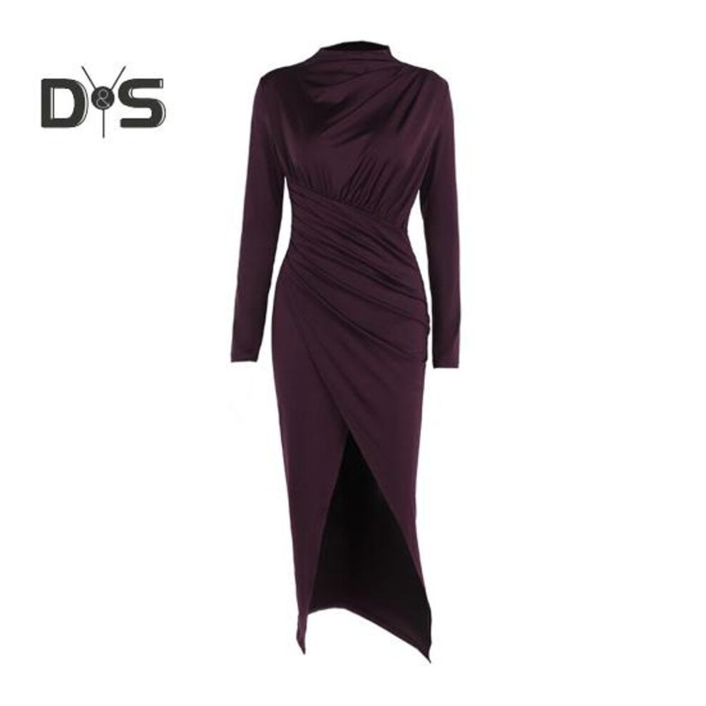 (wine red, S) Women Bodycon Maxi Dress Long Sleeve Half-high Neck Dress Front Slit Ruched Formal Dress for Cocktail Party Wedding Date Vacation Dinner