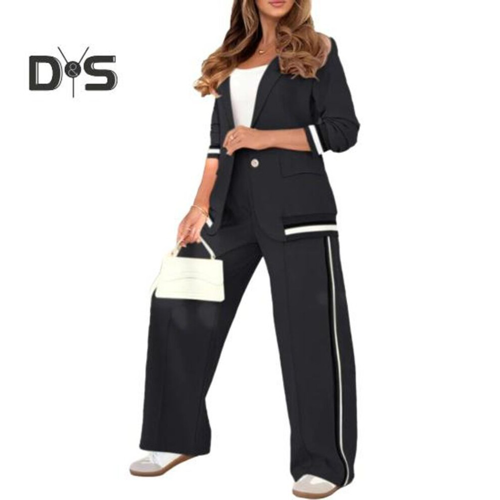 (black, XL) 2 Piece Blazer Outfits For Women Loose Lapel Jacket Sweatshirt High-waisted Wide Leg Pants Set Casual Business Dressy Suit