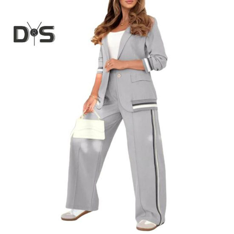 (light grey, M) 2 Piece Blazer Outfits for Women Loose Lapel Jacket Sweatshirt High-Waisted Wide Leg Pants Set Casual Business Dressy Suit