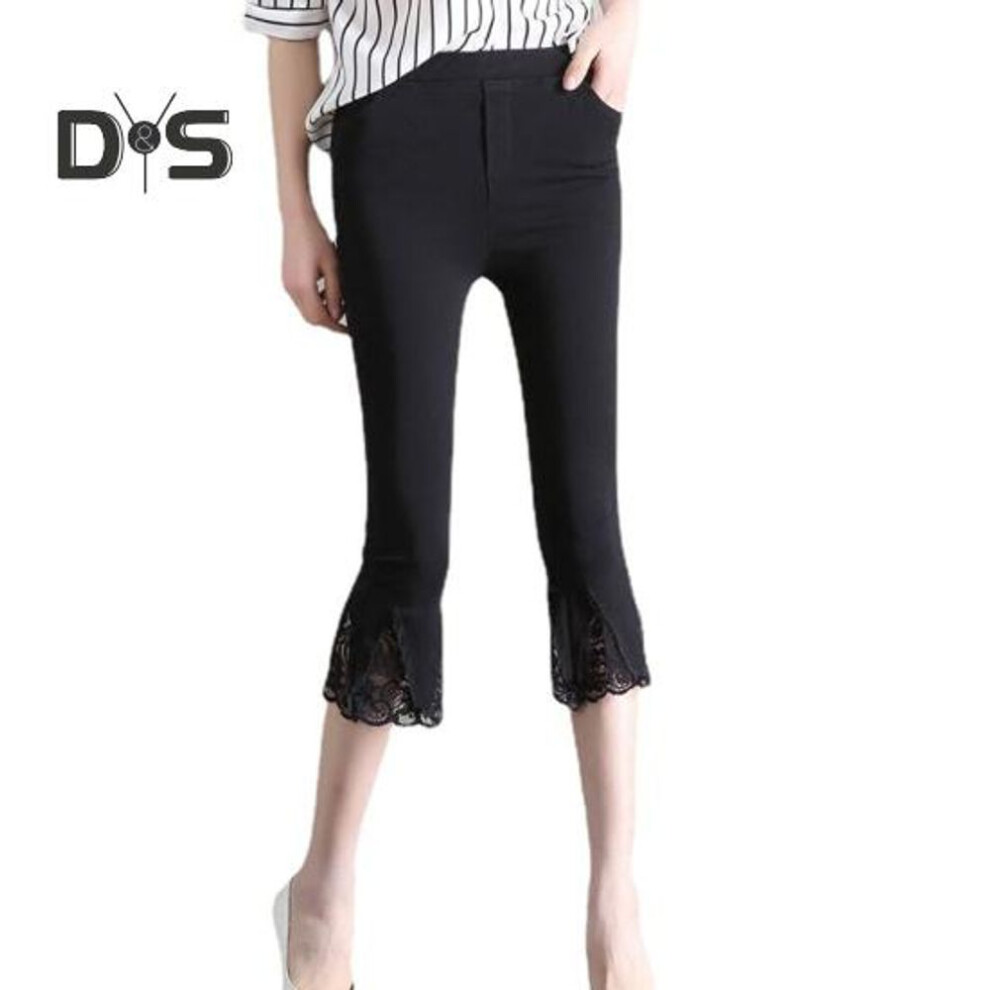 (black, S) Women Cropped Pants Solid Color High Elastic Summer Flared Pants Lace Stitching Trim Tight Leggings with Pockets