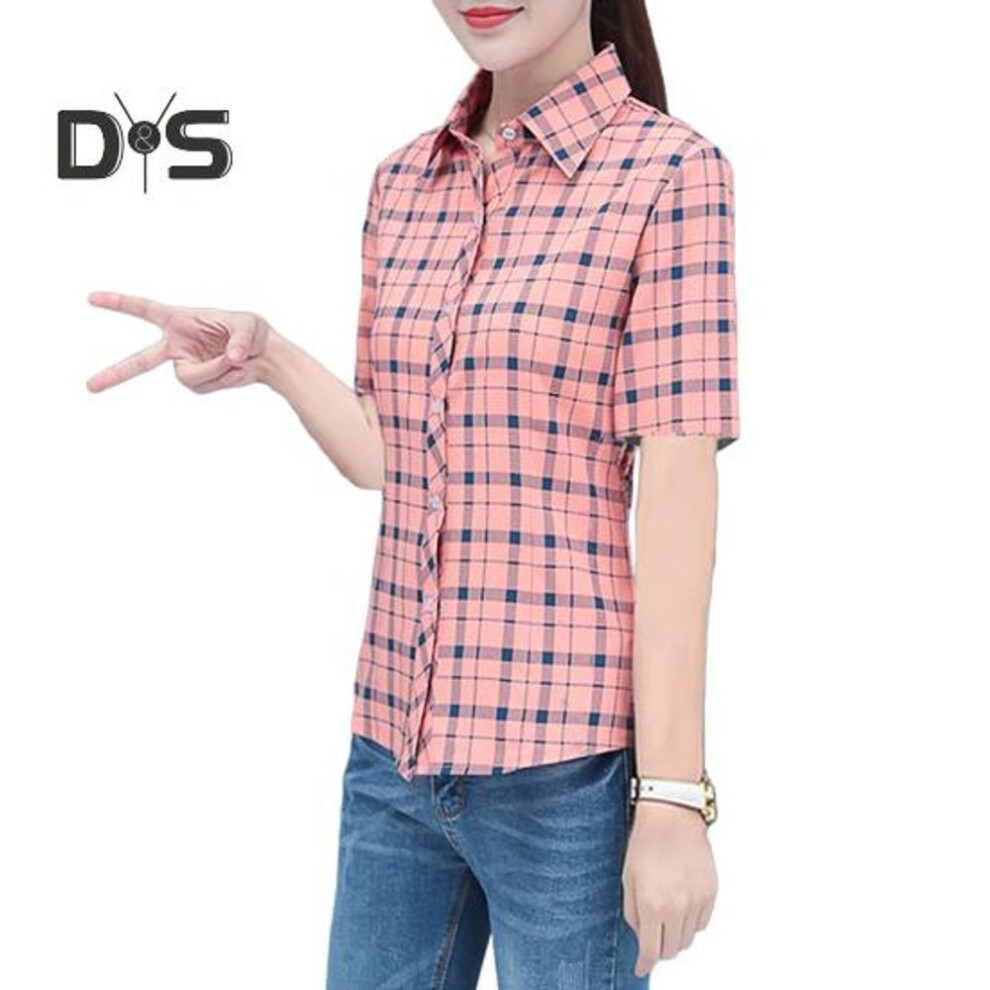 (M, red) Women Shirt Flower Plaid Pattern Regular Style Shirt Buttons Placket Casual Shirt Tops Leisure Party Daily Wear
