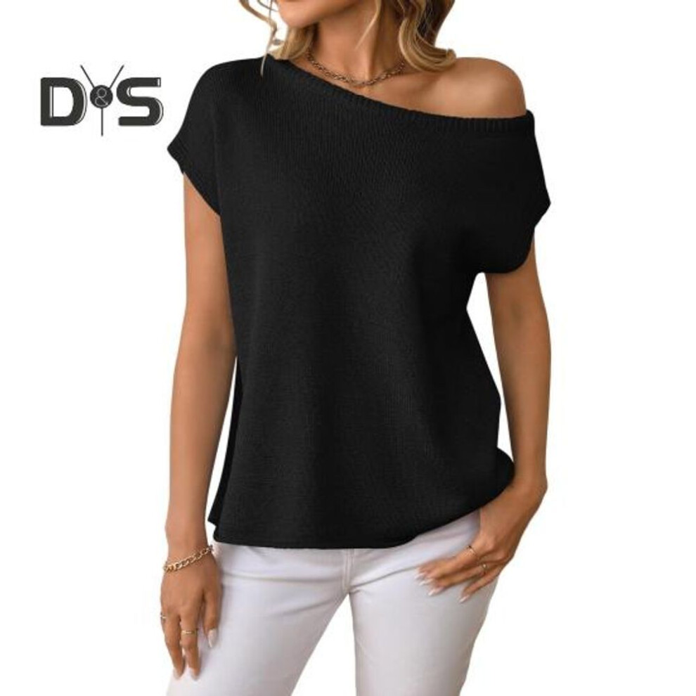(M, black) Women Tops Short Sleeve Screw Collar Solid Color T-shirt Spring Summer Stretchy Pullover Tops Daily Wear