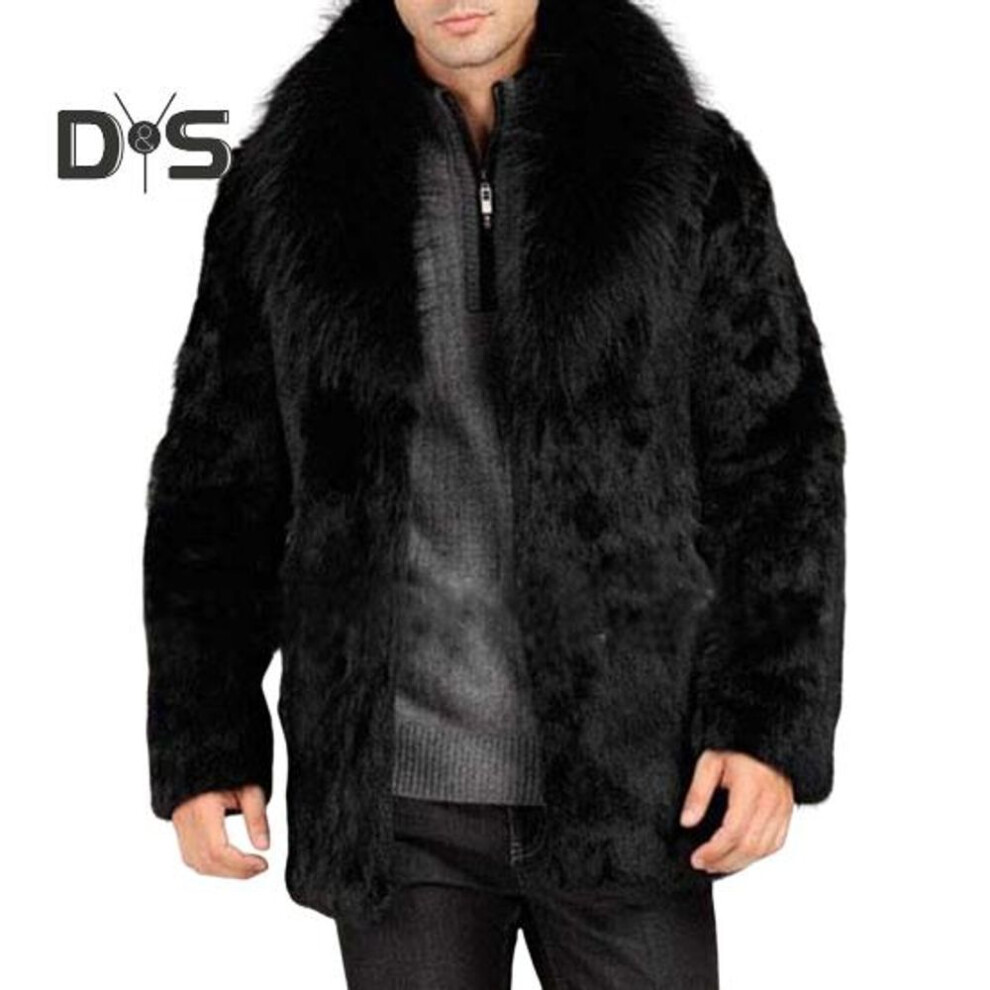 (black, XL) Men Imitation Fur Outerwear Solid Color Fleece Jacket with Furry Collar Lapels Thickened Windproof Winter Coat