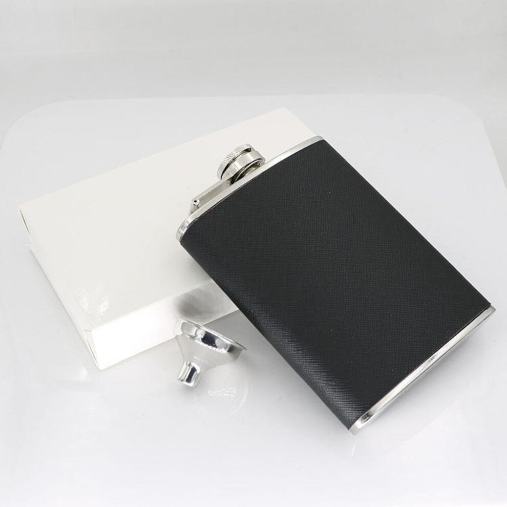 (white, 7 oz jug + 1 funnel) Jiujiu 4-piece Stainless Steel Wine Flask Gift Set, 2-8 Oz With Black Leather Finish
