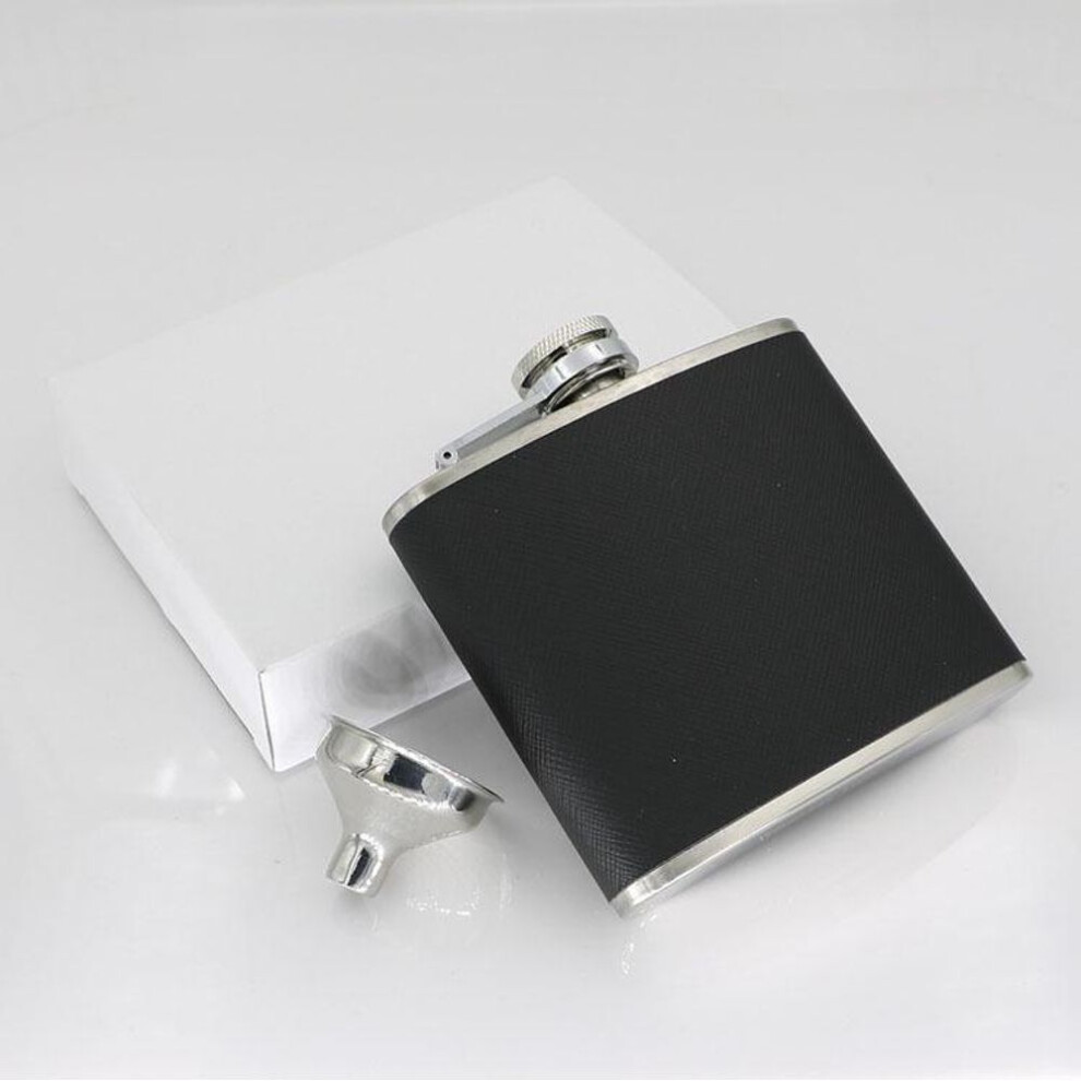 (white, 5 oz jug + 1 funnel) Jiujiu 4-piece Stainless Steel Wine Flask Gift Set, 2-8 Oz With Black Leather Finish
