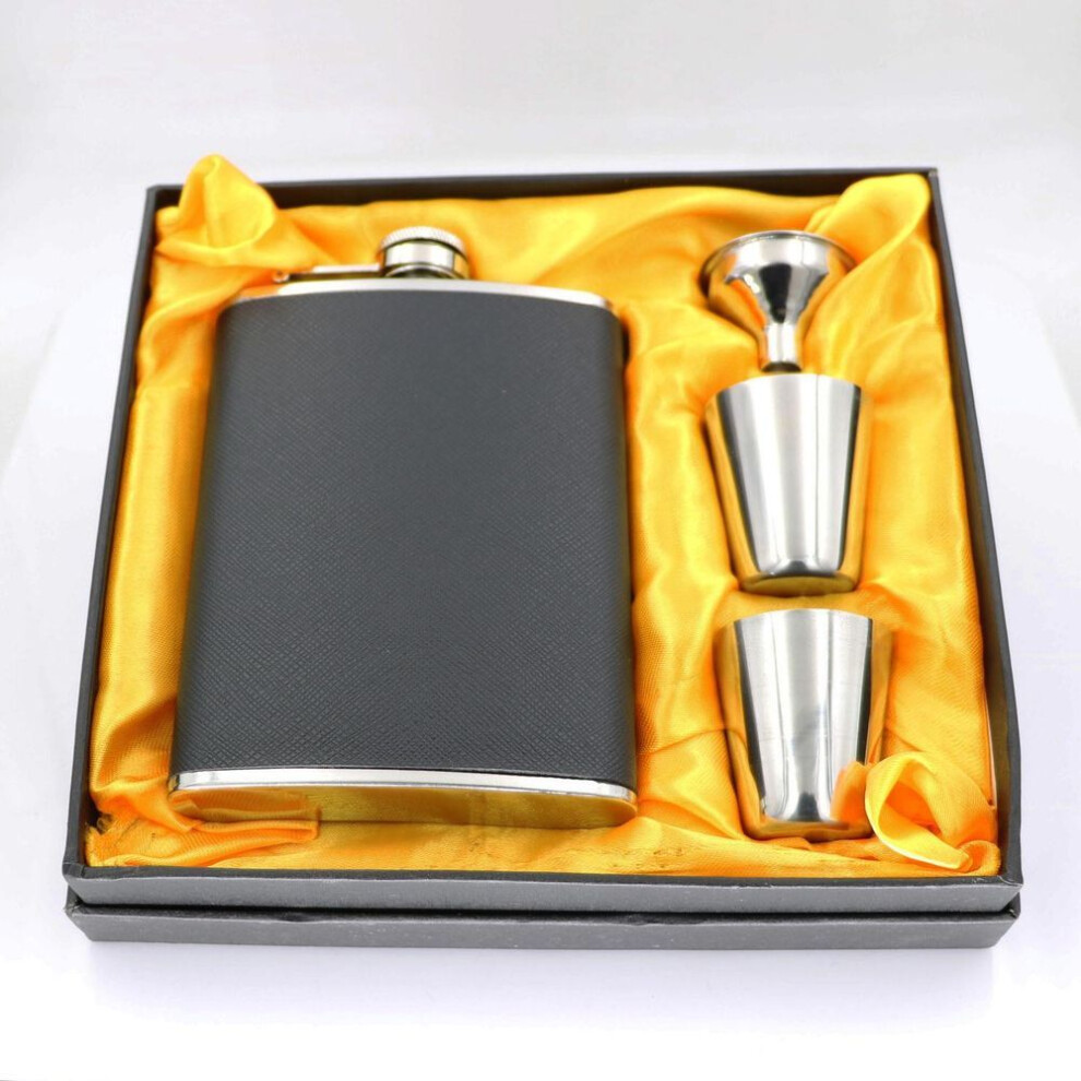 (black, 7 oz jug + 1 funnel + 2 wine glasses) Jiujiu 4-Piece Stainless Steel Wine Flask Gift Set, 2-8 oz with Black Leather Finish