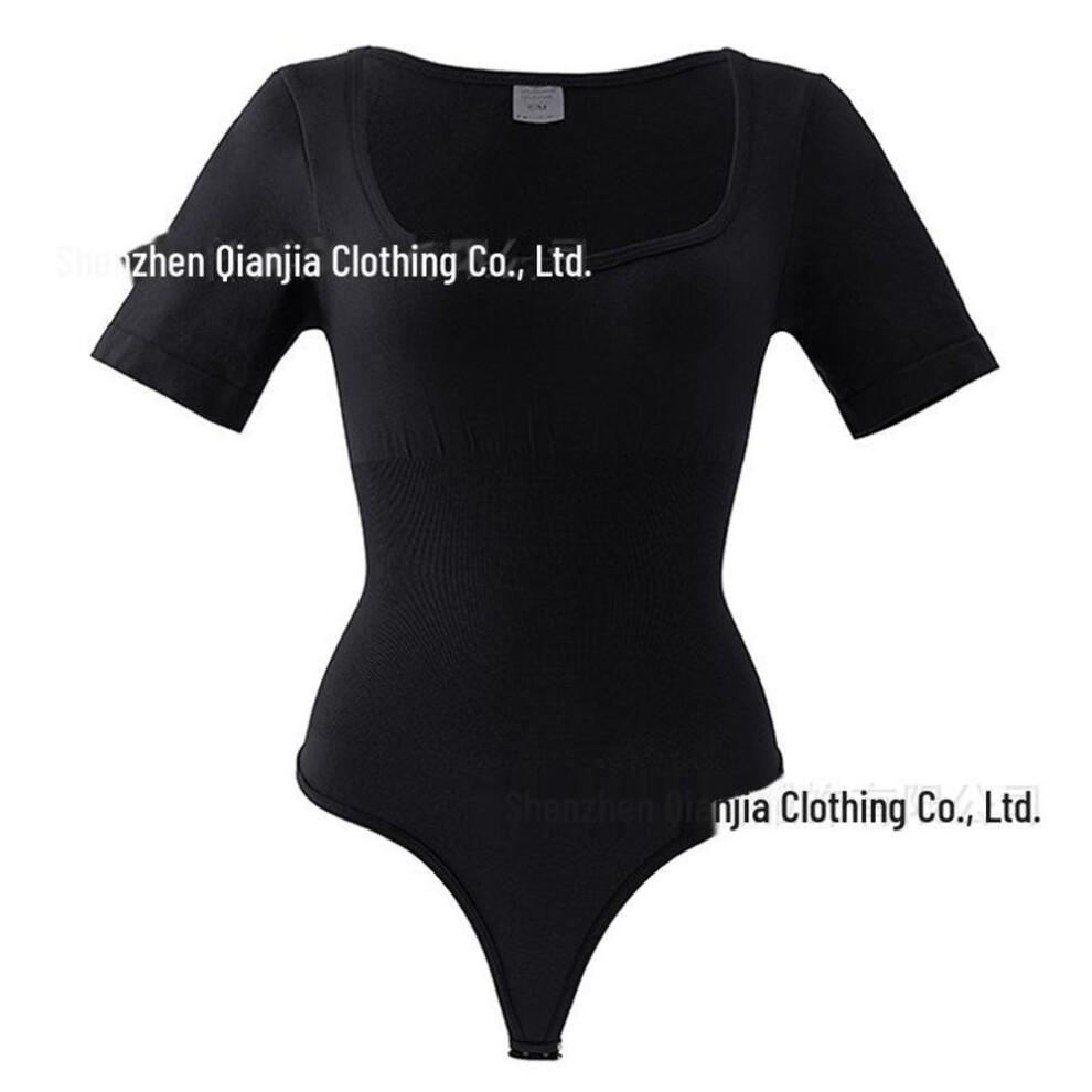 (black, L/XL) Seamless European & American Square Neck Corset Jumpsuit With Thong