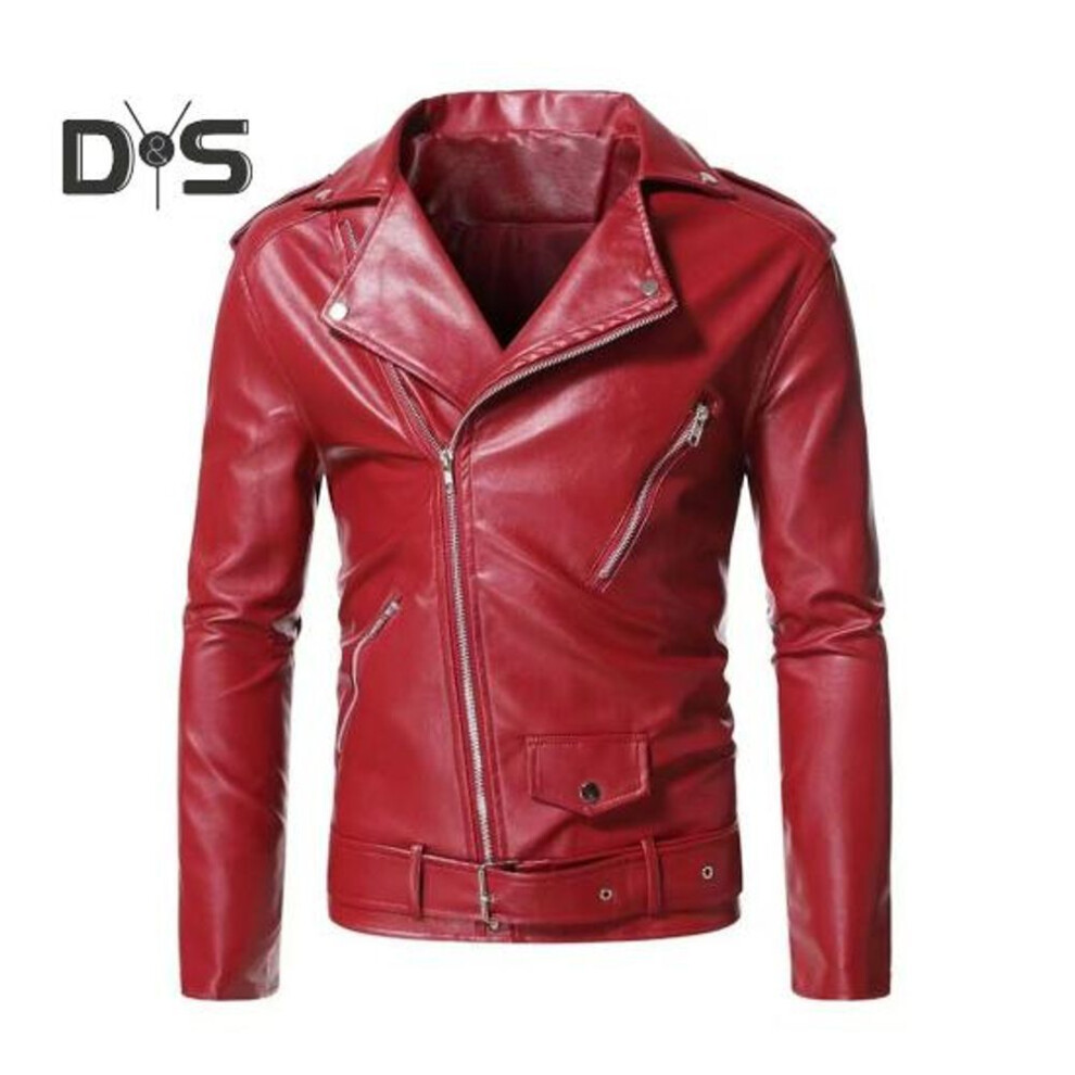 (wine red, 3XL) Men Jacket Slim Fit Faux Leather Solid Color Coat with Diagonal Zipper Belt Adjustment Windproof Coat