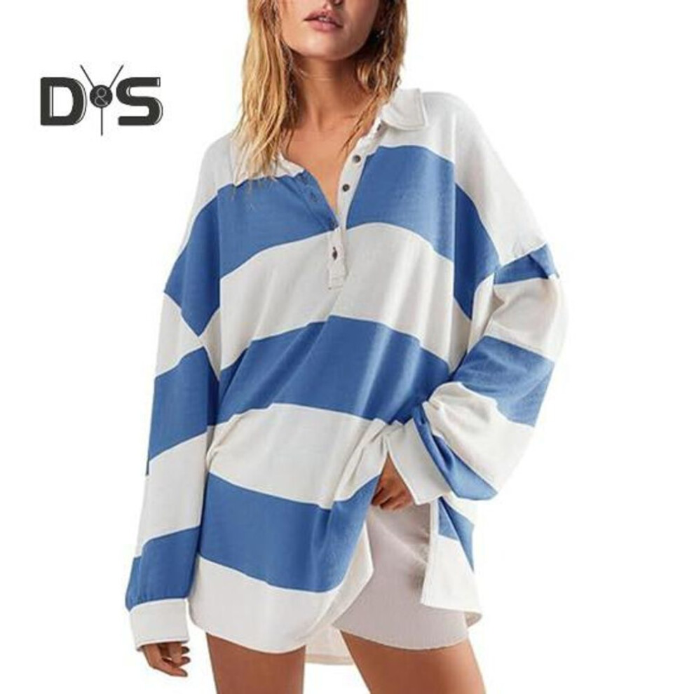 (S, light blue) Women Sweatshirt Colorblock Striped Turn-down Collar Long Sleeves Buttons Loose Pullover Top Casual Homewear Sport Clothes