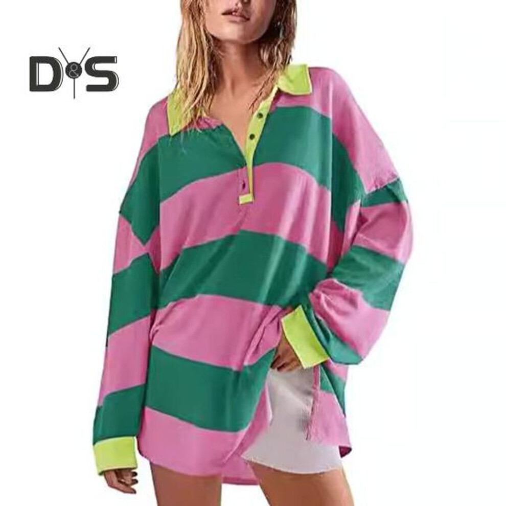 (M, pink) Women Sweatshirt Colorblock Striped Turn-down Collar Long Sleeves Buttons Loose Pullover Top Casual Homewear Sport Clothes