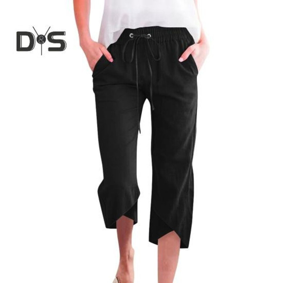 (black, L) Women Cropped Pants Elastic Drawstring Waist Casual Loose Leg Design Casual Trousers Solid Color Loose Fit Mid-calf Trousers