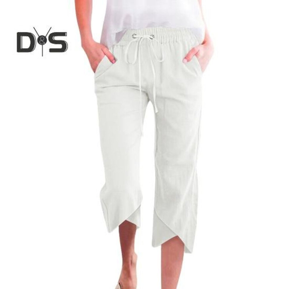 (white, M) Women Cropped Pants Elastic Drawstring Waist Casual Loose Leg Design Casual Trousers Solid Color Loose Fit Mid-calf Trousers