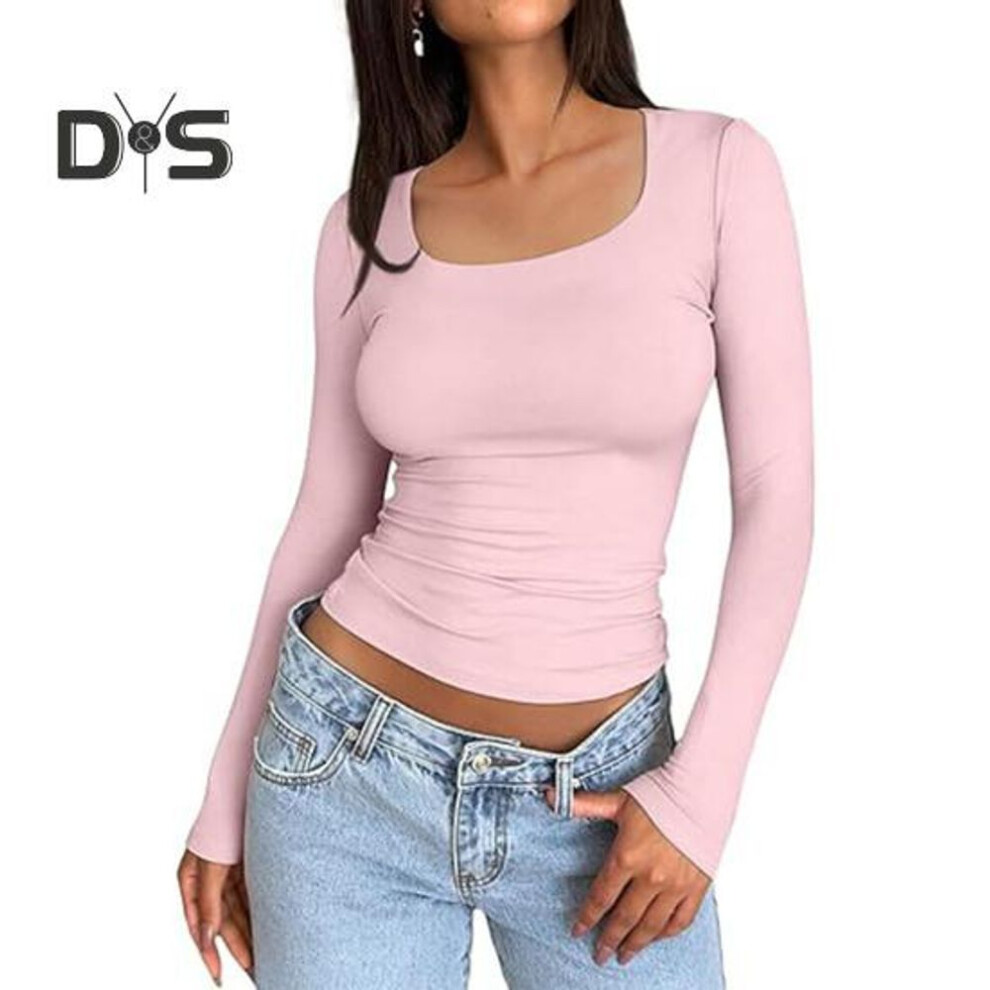 (XL, pink) Women Bottoming Tops Scoop Neck Long Sleeve Slim Fit Pullover Tops Solid Color High Elastic Regular Fit Versatile Blouse