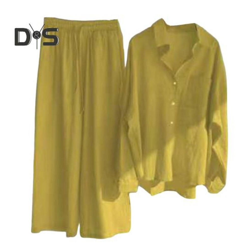 (yellow, M) 2 Pcs/set Women Plus Size Shirt Trousers Set Solid Color Long Sleeves Lapel Collar Blouse High Waist Loose Wide Leg Pants Set Casual Commute Outfit