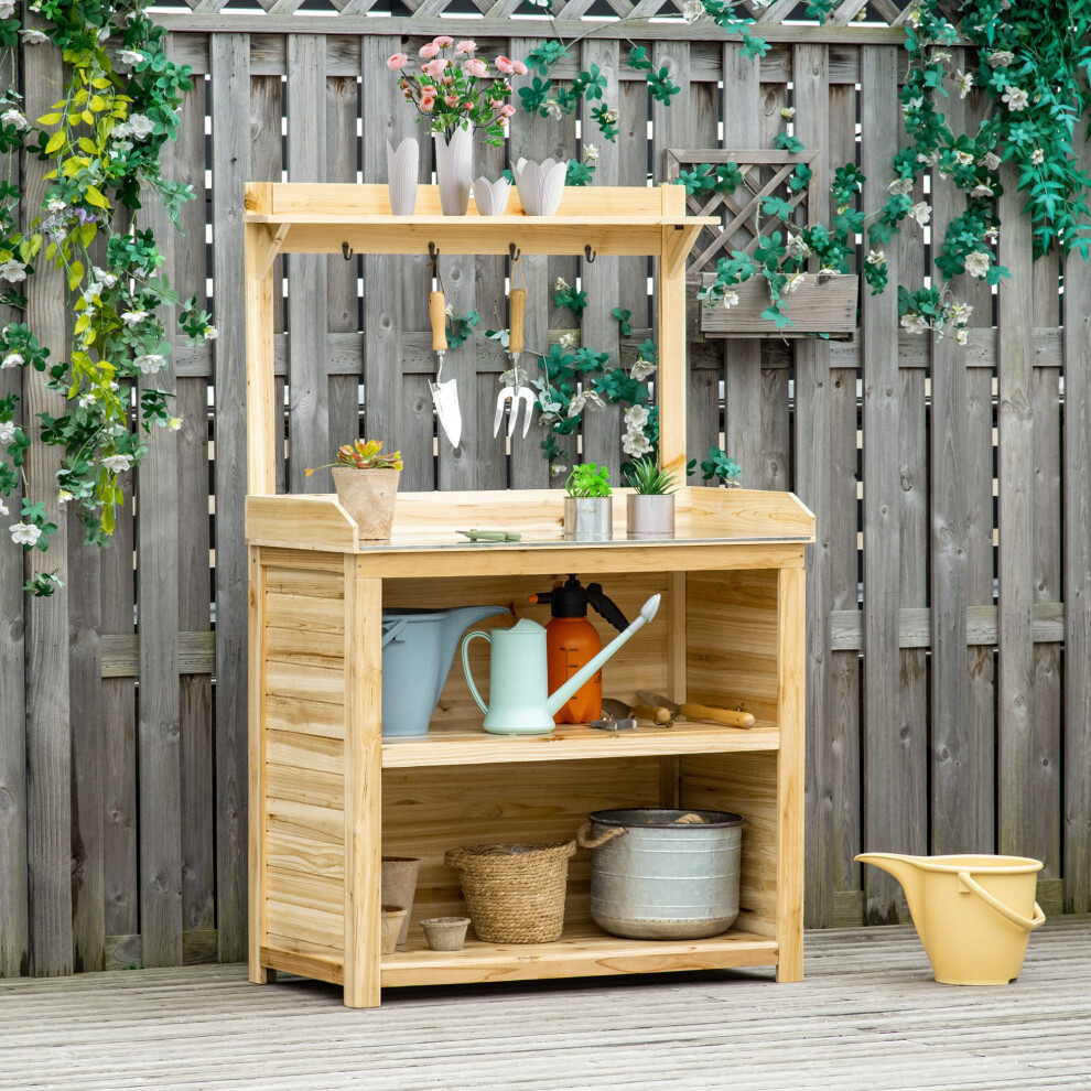 Outsunny Potting Bench Table Workstation W/ Galvanized Tabletop, Storage Shelf