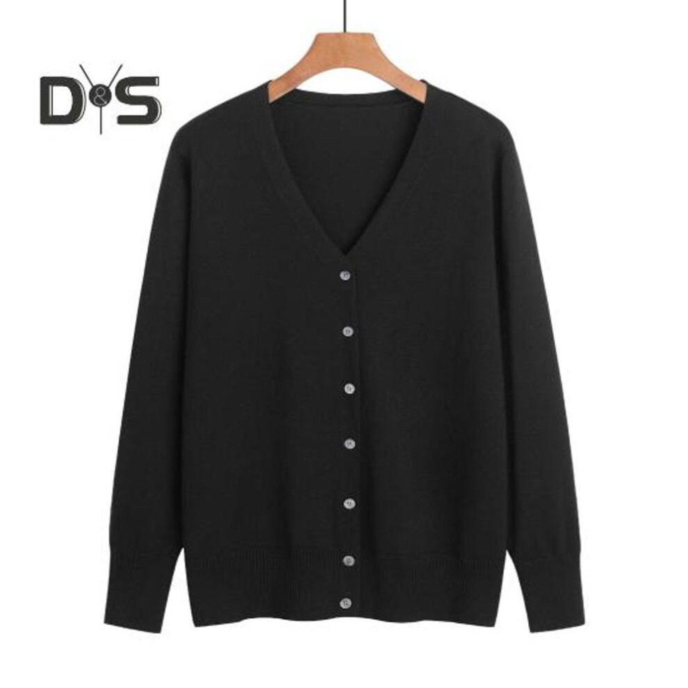 (XL, black) Women Knitted Cardigan Jacket Button Down V-neck Long Sleeve Casual Sweater Solid Color Ribbed Trim Cardigan Outerwear