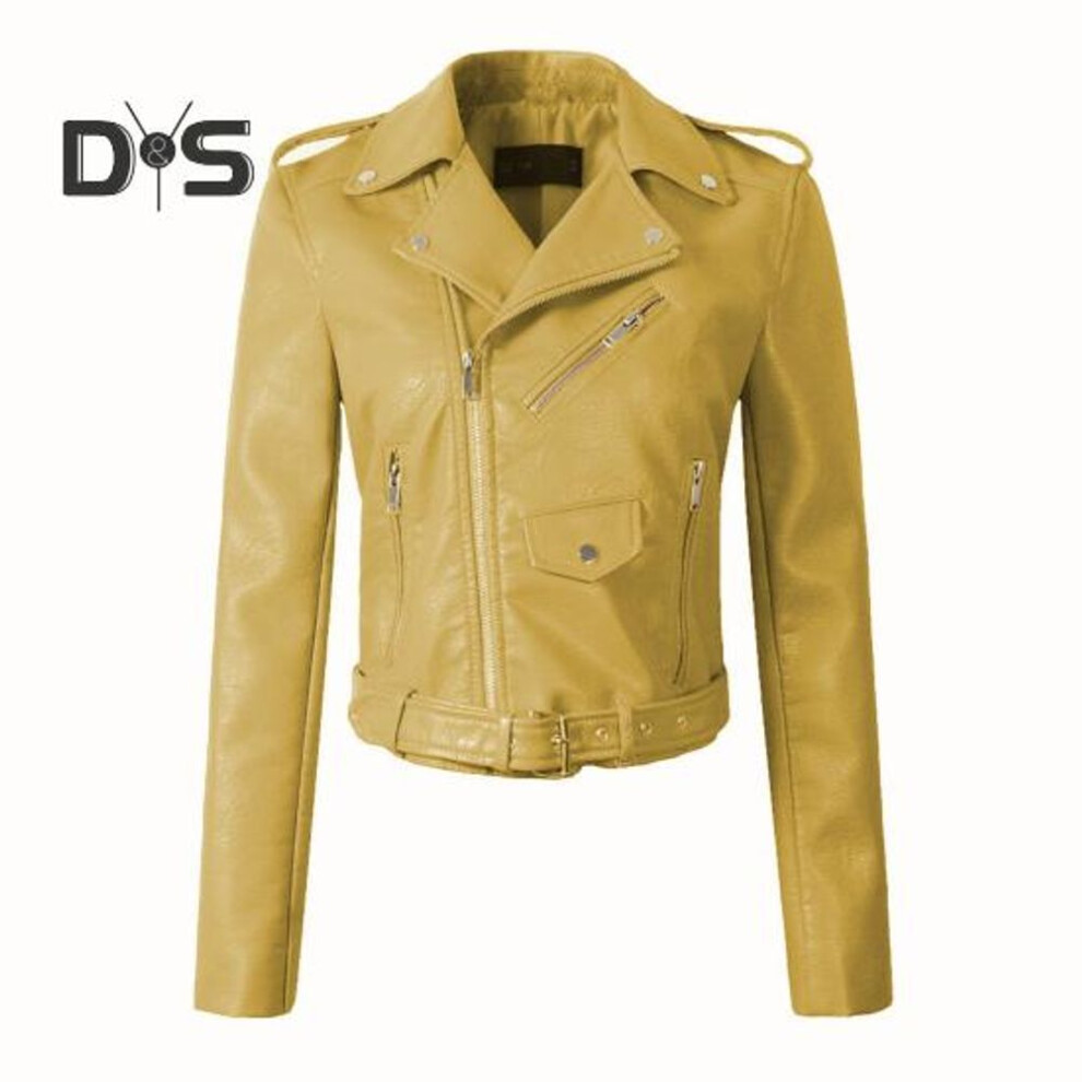 (yellow, S) Women Jacket Faux Leather Smooth Surface Turn-down Collar Zip-up Zipper And Rivet Decor Long Sleeves Motorcycle Coat Travel Outerwear