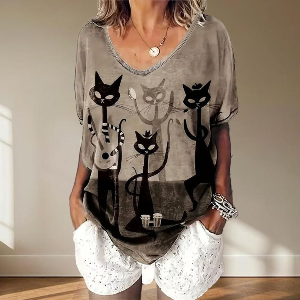 (2XL, brown) Black Cat Painting Blouses Short Sleeved V-neck T Shirts Casual