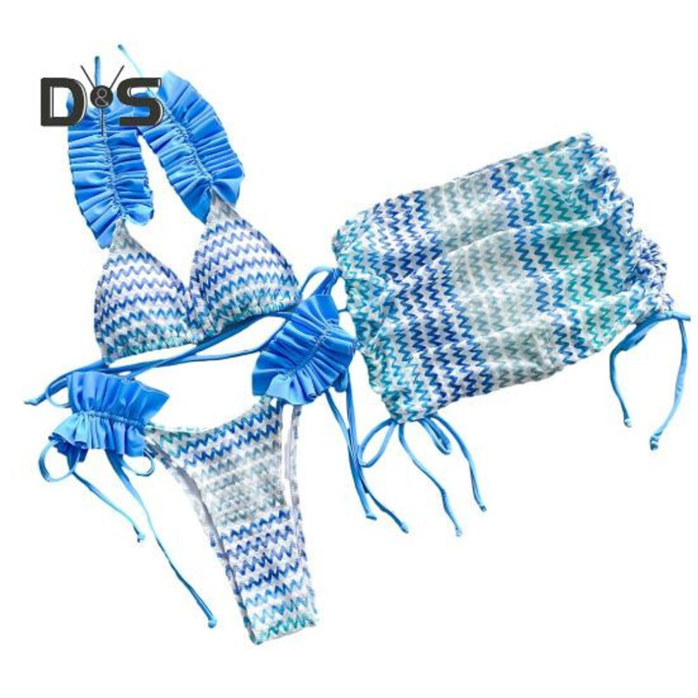 (S, blue) 3 Pcs/Set Women Bikini Set Color Matching Lace-up Halter Neck Shirring Pleated Elastic Adjustable Quick Dry Soft Lady Bathing Suit Beachwear Swimsuit