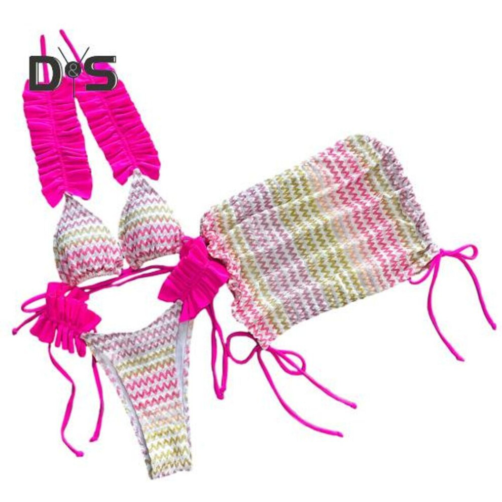 (S, red) 3 Pcs/Set Women Bikini Set Color Matching Lace-up Halter Neck Shirring Pleated Elastic Adjustable Quick Dry Soft Lady Bathing Suit Beachwear Swimsuit