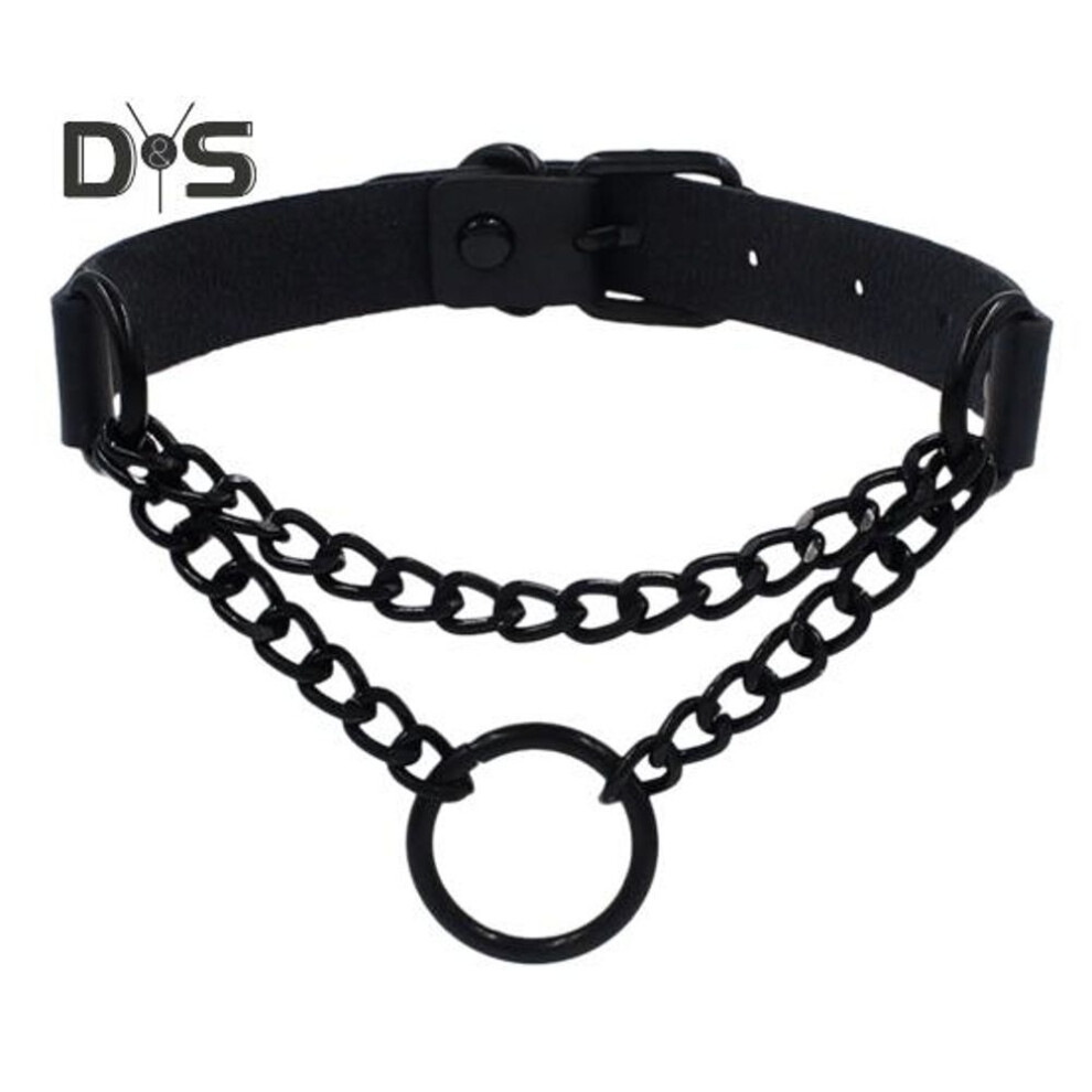 (black) Goth Choker Necklace Faux Leather Gothic Choker Adjustable Metal O-ring Chain Collar Cool Punk Emo Jewelry For Women Men