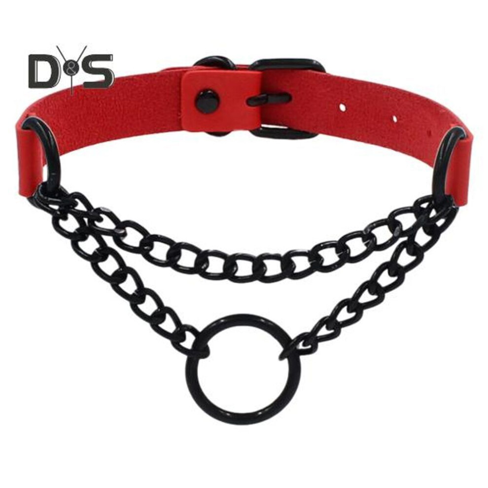 (red) Goth Choker Necklace Faux Leather Gothic Choker Adjustable Metal O-ring Chain Collar Cool Punk Emo Jewelry For Women Men