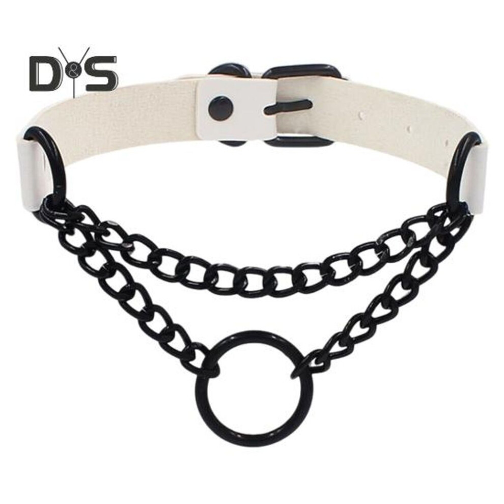 (white) Goth Choker Necklace Faux Leather Gothic Choker Adjustable Metal O-ring Chain Collar Cool Punk Emo Jewelry For Women Men