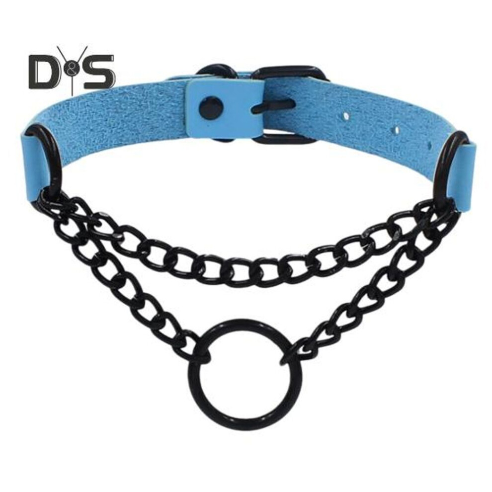(sky blue) Goth Choker Necklace Faux Leather Gothic Choker Adjustable Metal O-ring Chain Collar Cool Punk Emo Jewelry For Women Men