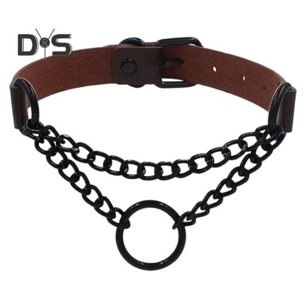 (brown) Goth Choker Necklace Faux Leather Gothic Choker Adjustable Metal O-ring Chain Collar Cool Punk Emo Jewelry For Women Men