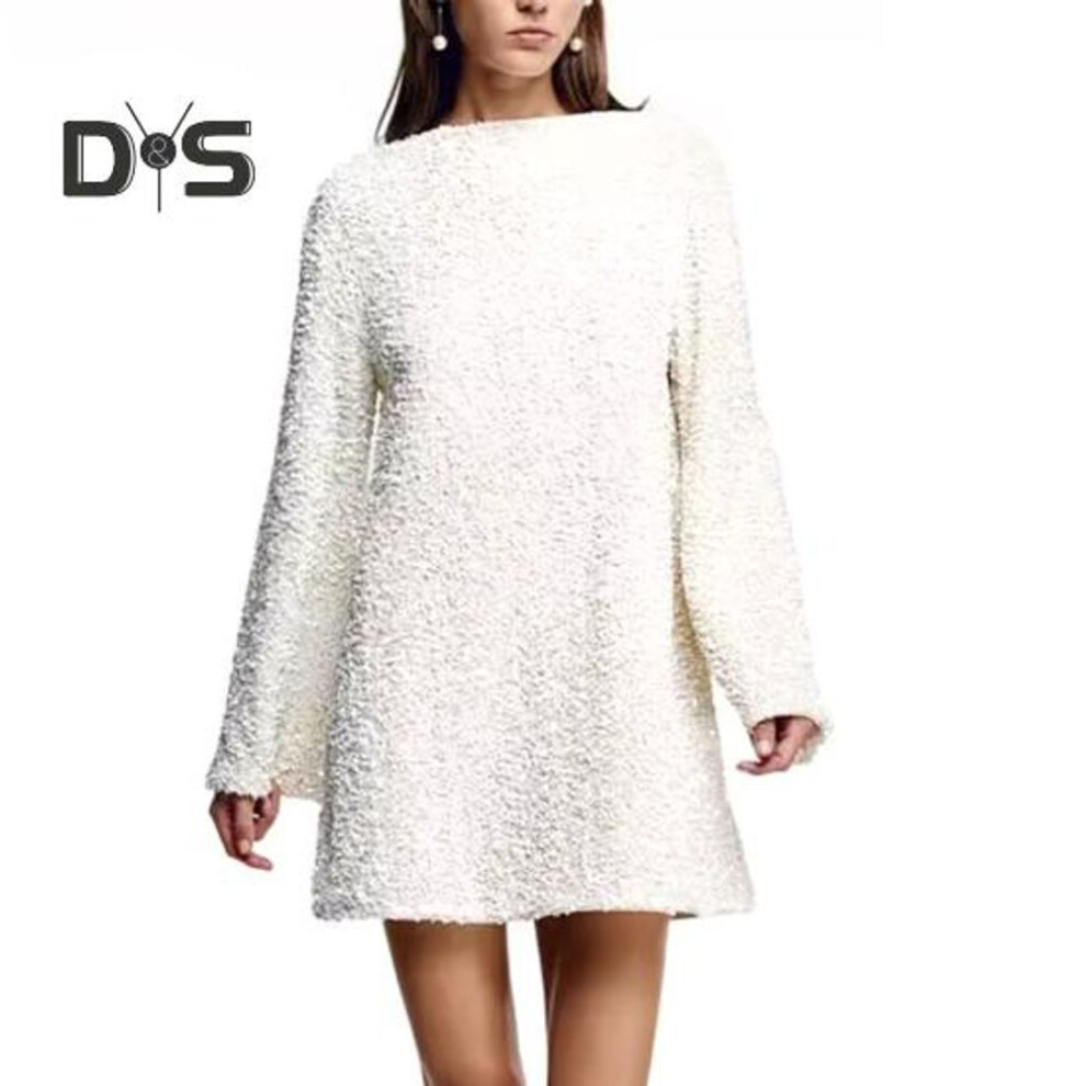 (white, M) Women Dress Shiny Sequin Round Neck Loose Long Sleeve Big Back Bow Decor Sparkling Above Knee Length Pullover Lady Spring Fall Mini Dress