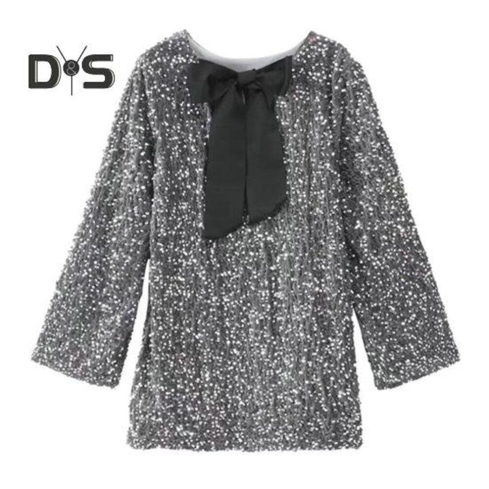 (grey, XL) Women Dress Shiny Sequin Round Neck Loose Long Sleeve Big Back Bow Decor Sparkling Above Knee Length Pullover Lady Spring Fall Mini Dress
