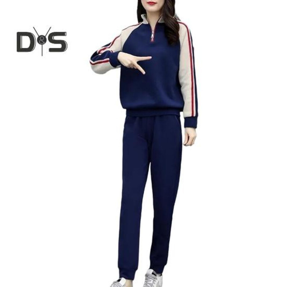 (navy blue, XL) 2 Pcs/set Women Sweatshirt Pants Suit Color Matching Zipper Decor Stand Collar Long Sleeve Elastic Waist Thick Warm Soft Lady Fall Winter Tracksuit