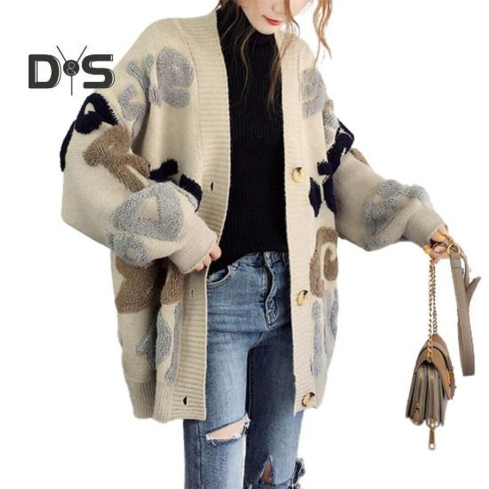 (khaki) Fall Winter Women Sweater Coat Letter Patern Color Matching Loose Thick Knitted Mid Length Long Sleeve Single-breasted Cardigan Lady Cozy Sweater