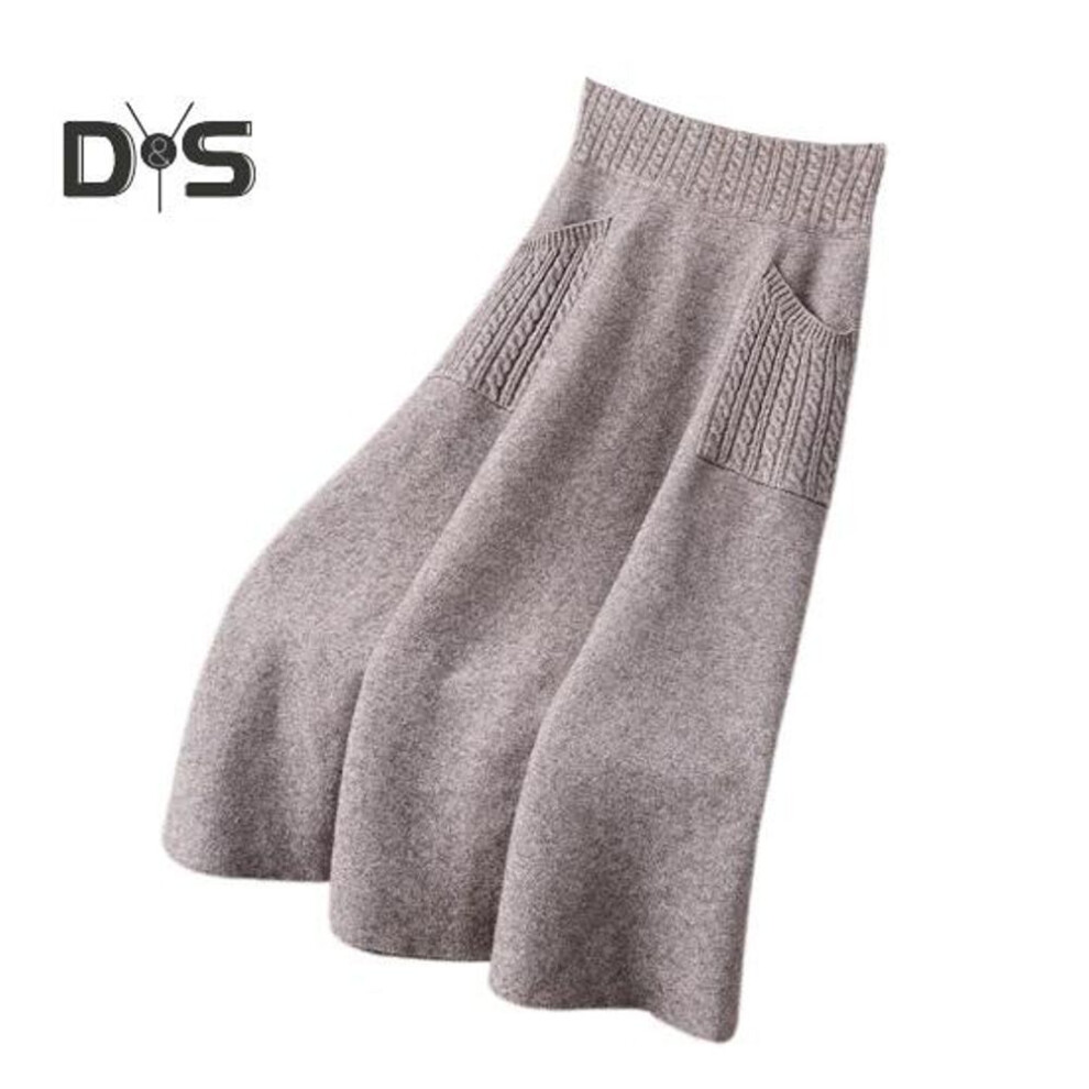 (XL, camel) Women Fall Winter Skirt Knitted Elastic High Waist Thick Soft Warm Stretchy Solid Color Loose Big Swing A-line Pocket Mid-calf Length Lady Commuting