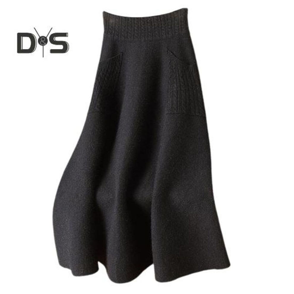 (L, black) Women Fall Winter Skirt Knitted Elastic High Waist Thick Soft Warm Stretchy Solid Color Loose Big Swing A-line Pocket Mid-calf Length Lady Commuting