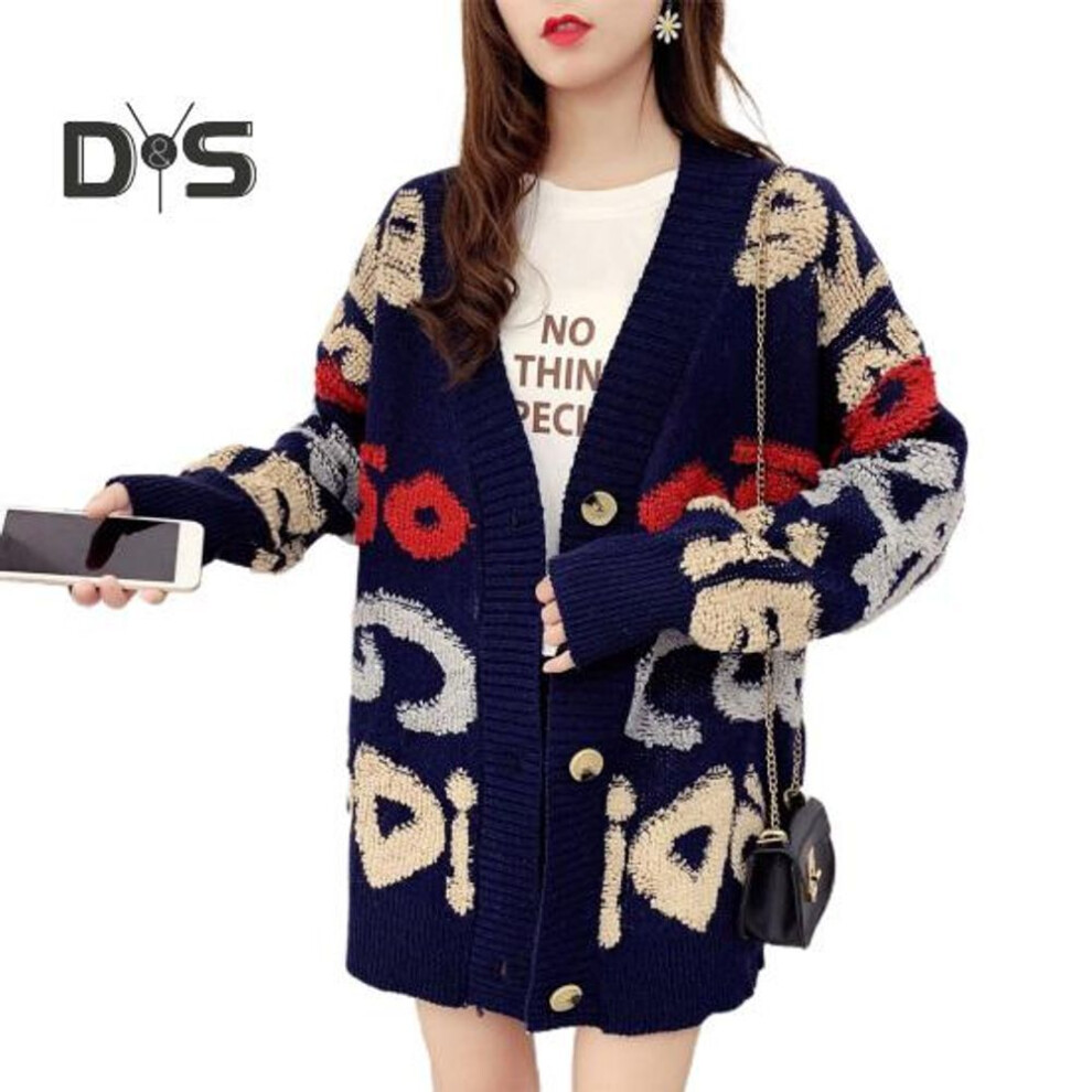 (navy blue) Fall Winter Women Sweater Coat Letter Patern Color Matching Loose Thick Knitted Mid Length Long Sleeve Single-breasted Cardigan Lady Cozy Sweater