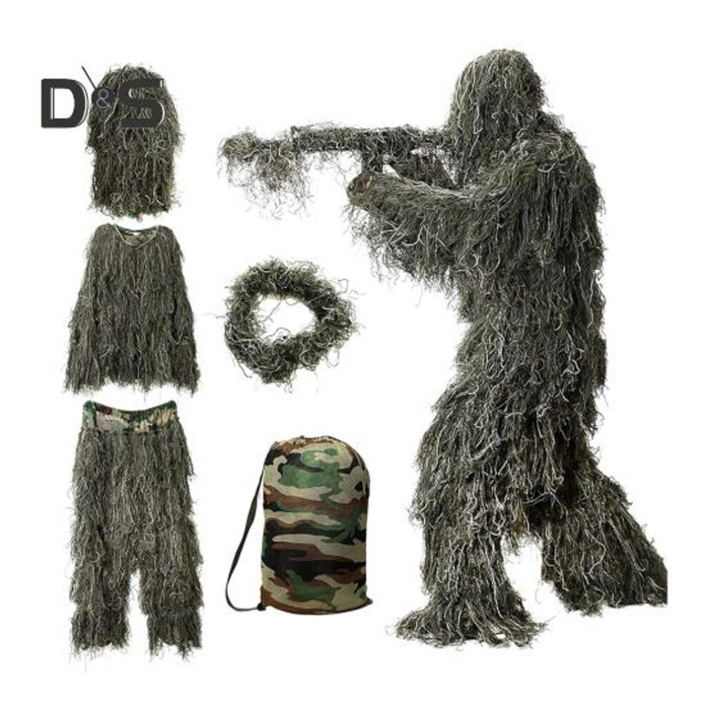 (green, XL) 5pcs/set Ghillie Suit With Jacket Pants Hood Garland Carry Bag 3D Camouflage Hunting Apparel Youth Adults Woodland Clothes
