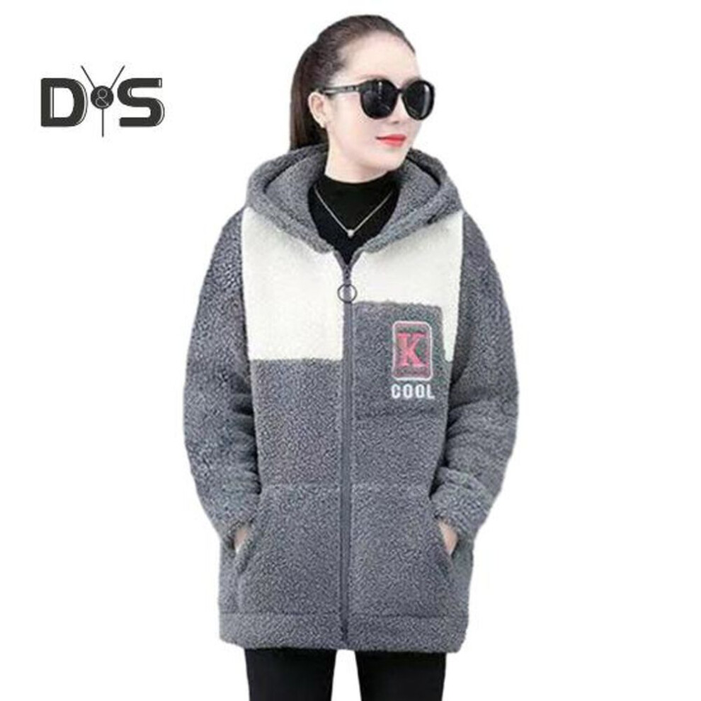 (grey, 4XL) Lady Fall Winter Coat Thick Fleece Colorblock Long Sleeve Hooded Pockets Mid Length Zipper Closure Cardigan Warm Loose Lady Jacket