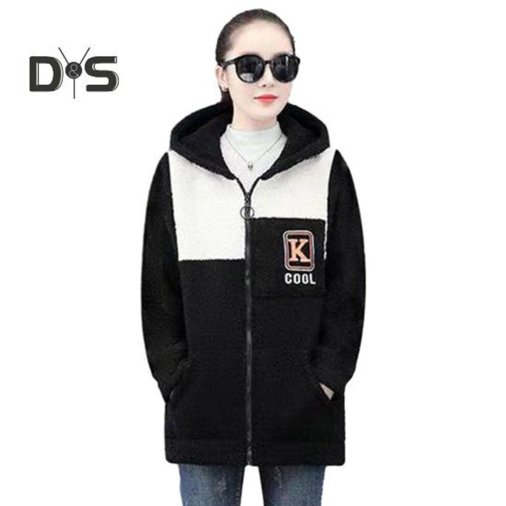 (black, 3XL) Lady Fall Winter Coat Thick Fleece Colorblock Long Sleeve Hooded Pockets Mid Length Zipper Closure Cardigan Warm Loose Lady Jacket