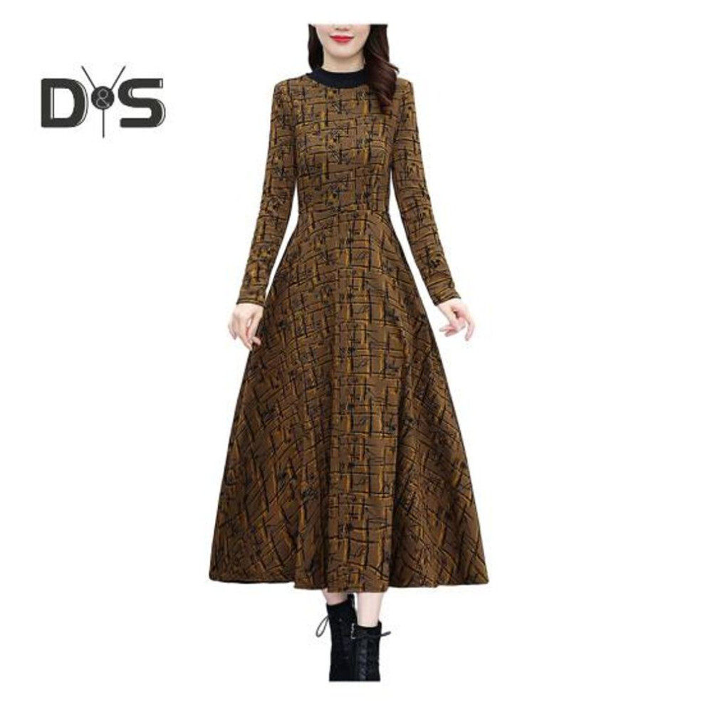 (yellow, XL) Autumn Winter Women Dress Round Neck Thick Long Sleeve Printed Warm Soft A Line Loose Hem Pockets Mid Calf Length Mother Maxi Dress
