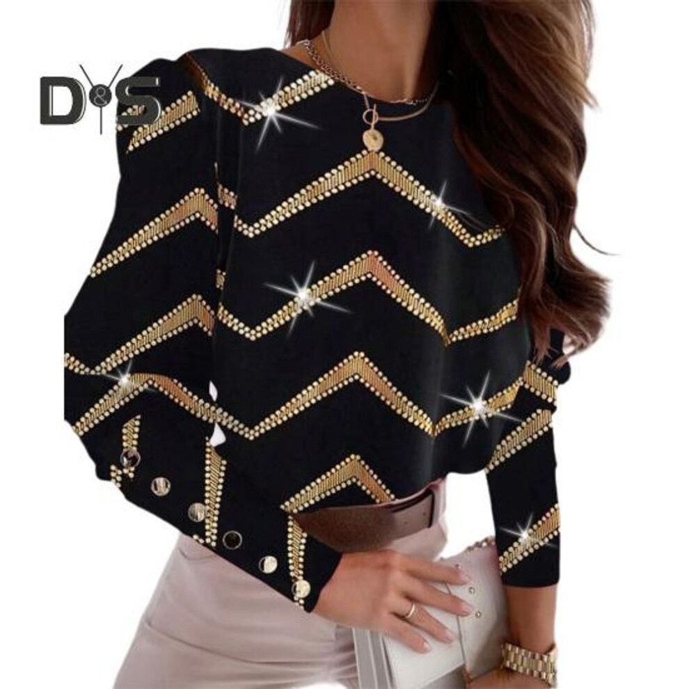 (2XL, black) Women Autumn Winter Printed Blouse O neck Long Sleeve Back Buttons Closure Tops Loose Fit Office Lady Shirt Casual Tops